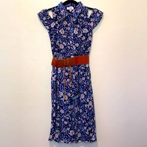 New, never worn, girls size 12. Beautiful, navy, romper dress with brown belt.